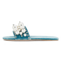 Women Light Blue Leather Velvet Faux Pearl Mules Crystal Flat Shoes Slides